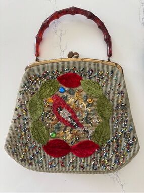 Vintage Soure Red Bird Embroidered Beaded Handbag